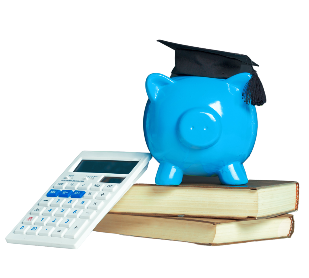 Piggy bank alongside calculator and books