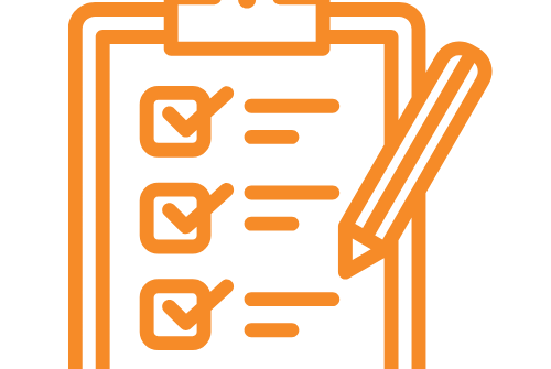 Orange line drawing of a clipboard with a checklist and a pencil next to it.