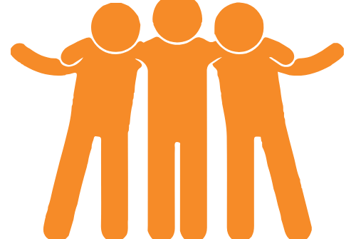 Three orange stick figures with arms around each other's shoulders, looking happy and united.