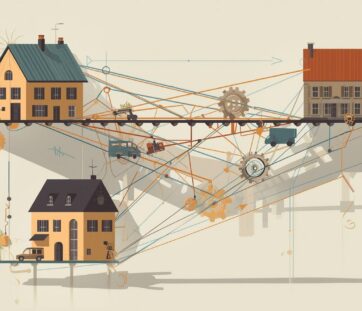 Three houses connected by gears, pipes, and lines, with small vehicles and plants around. The style is whimsical and mechanical, almost like a playful blueprint.