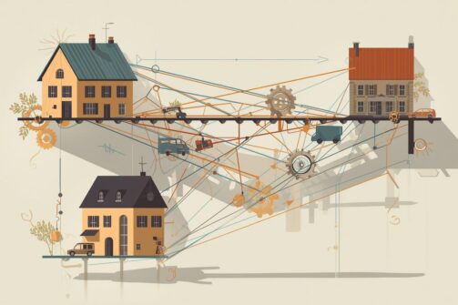 Three houses connected by gears, pipes, and lines, with small vehicles and plants around. The style is whimsical and mechanical, almost like a playful blueprint.