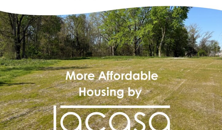 Open grassy lot with trees, overlaid text announcing affordable housing coming soon to 716 East Lincoln Avenue in Goshen by lacasa.